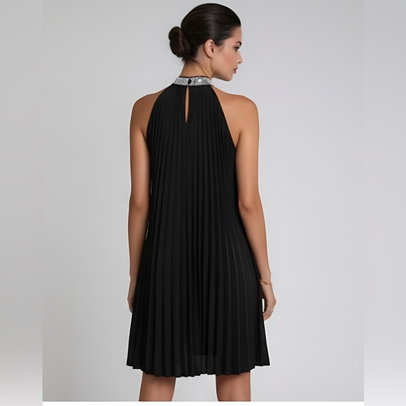 Black Sequin Pleated Detail Halter Neck Dress - Picture 4 of 9
